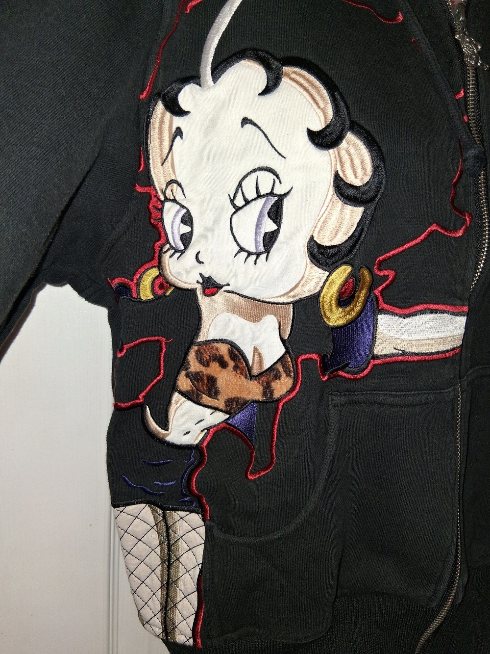 Vintage 2007 JH Design Betty Boop Full Zip Hoodie Leopard Trim Y2K Size Large - Picture 4 of 16